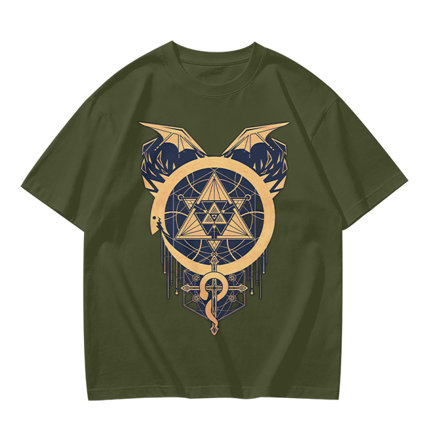 Olive T-Shirt with Occult Dragon Triangle Symbol Print
