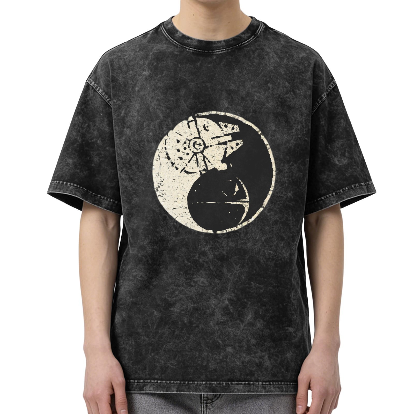 Star Wars Yin Yang Graphic Acid Wash T-Shirt, Oversized Short Sleeve Crew Neck Tee, Casual Streetwear Top