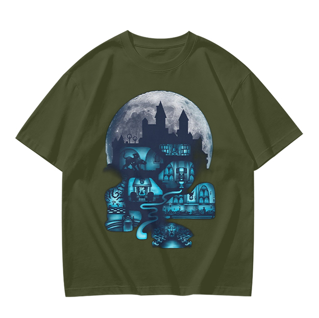 Olive T-Shirt With Glowing Castle Moon Night Graphic Print