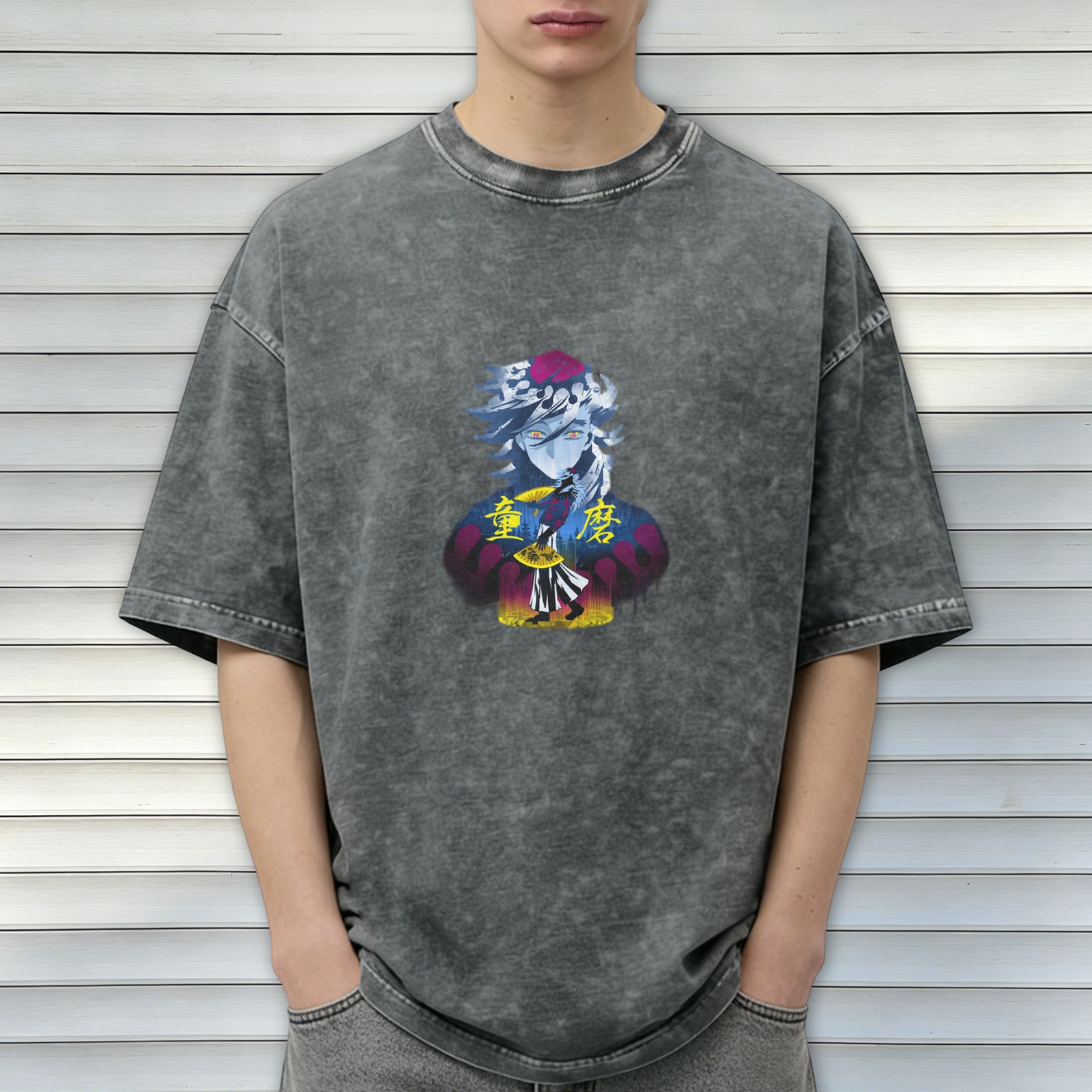 Oversized dark wash anime graphic t-shirt with demon character print