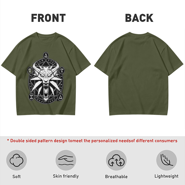 Olive T-Shirt With Witcher Wolf Medallion Magic Circle Print