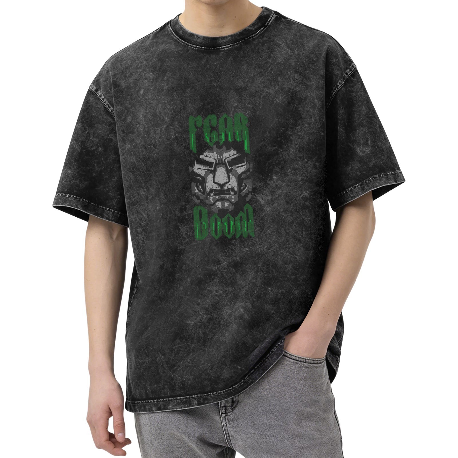 Oversized Acid Wash T-Shirt With Doctor Doom Fear Doom Graphic