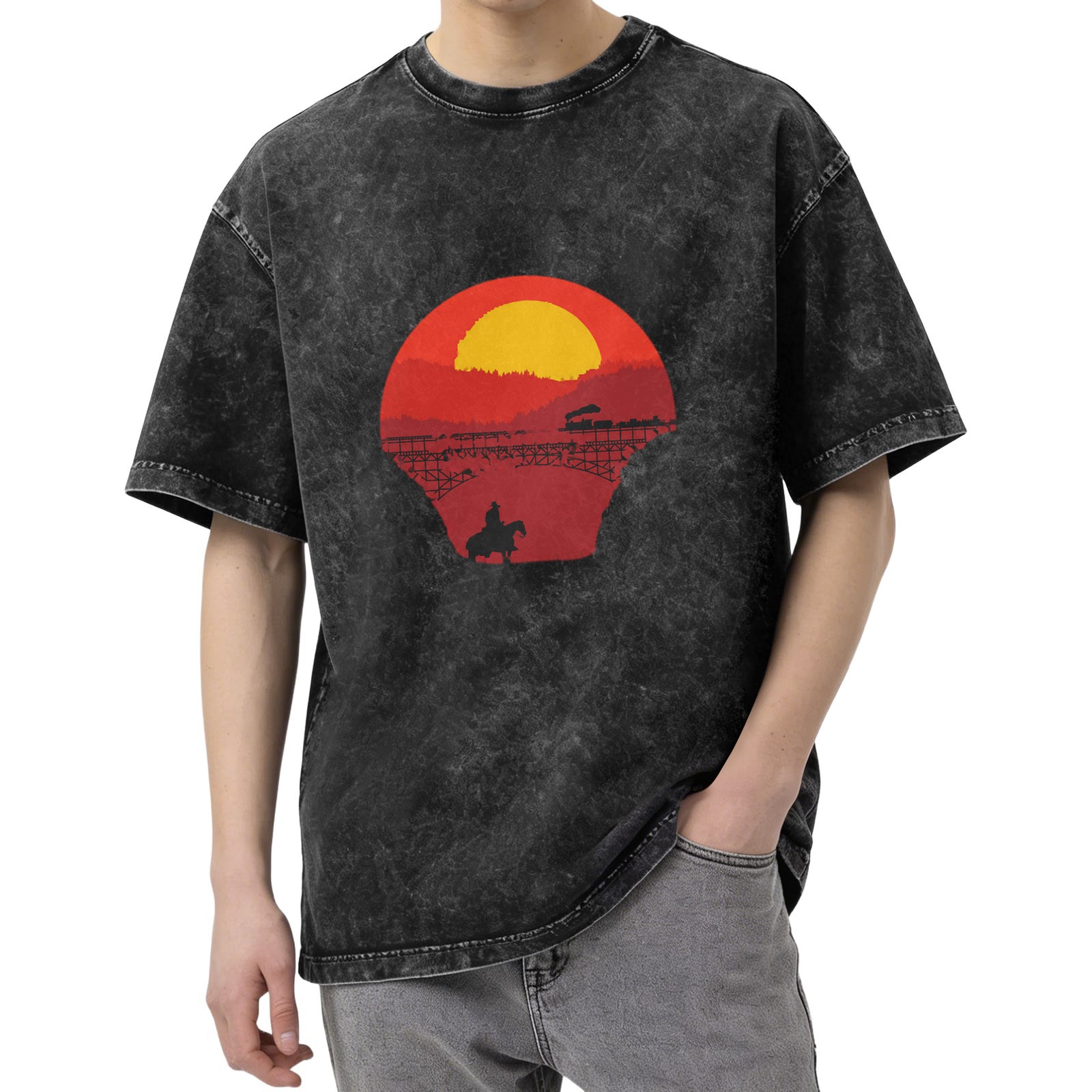 Washed Black T-Shirt with Western Sunset Cowboy and Train Graphic