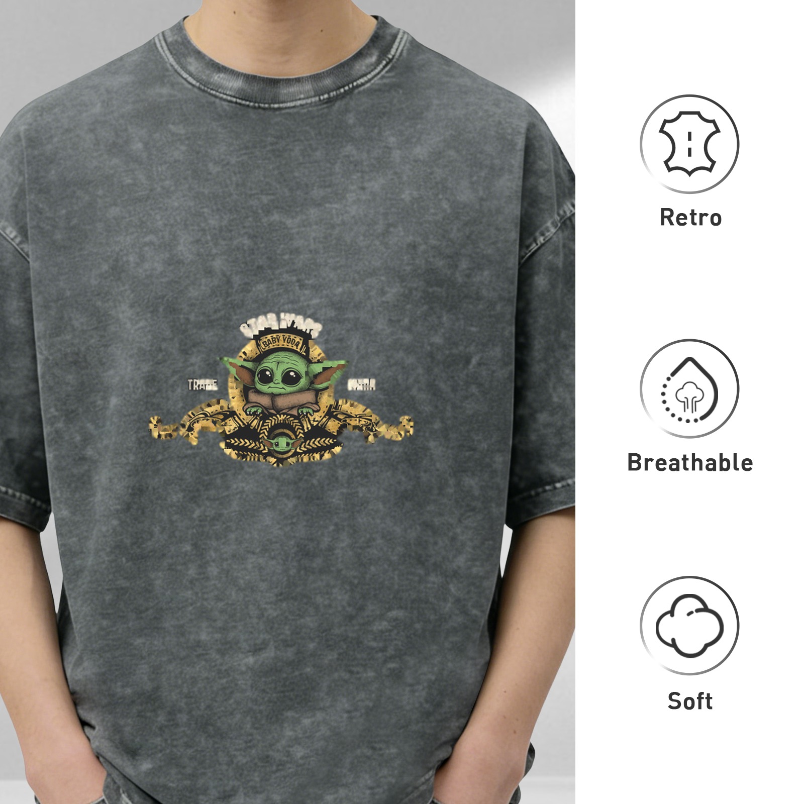 Star Wars Baby Yoda Graphic Acid Wash Black T-Shirt