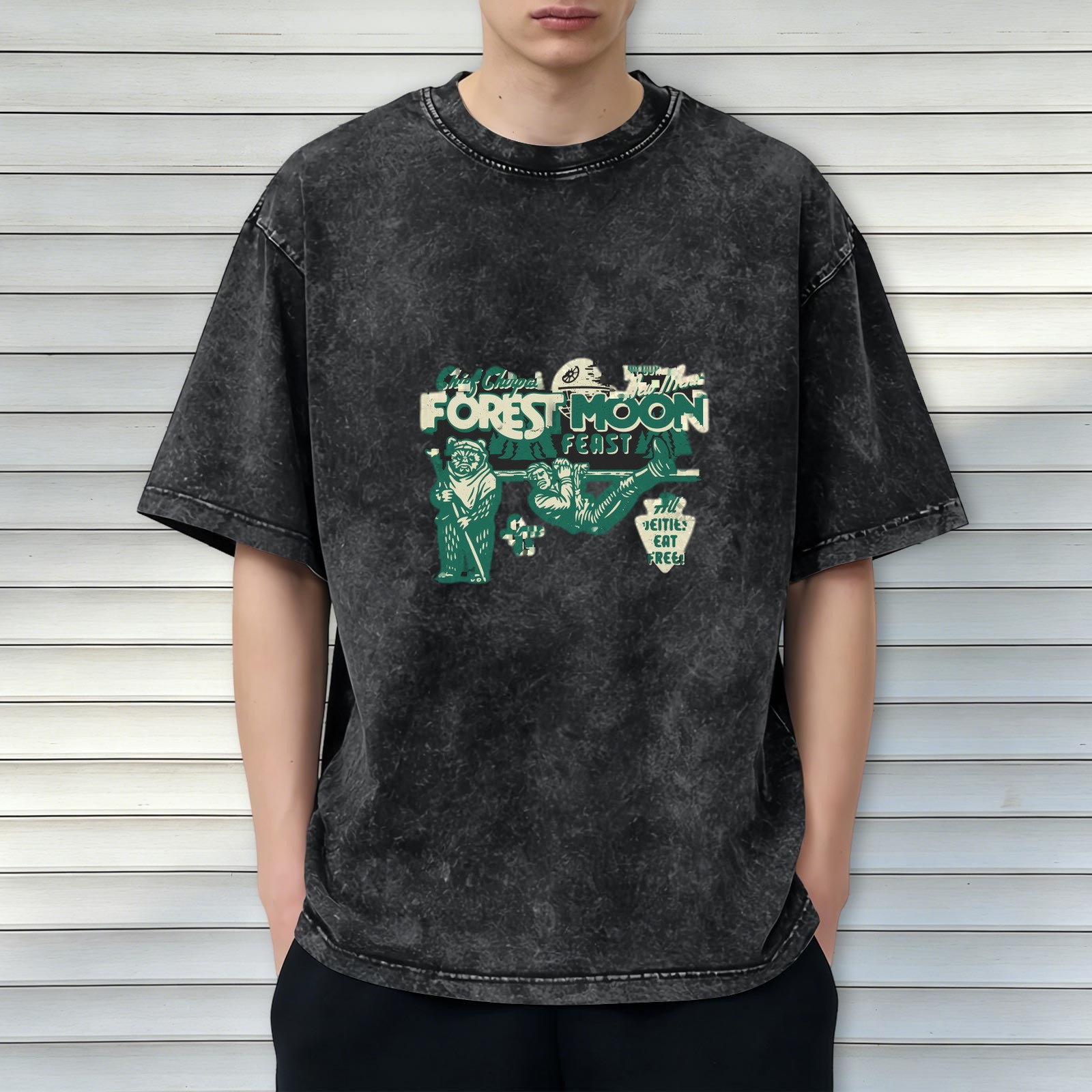 Washed black graphic t-shirt with Forest Moon Feast design