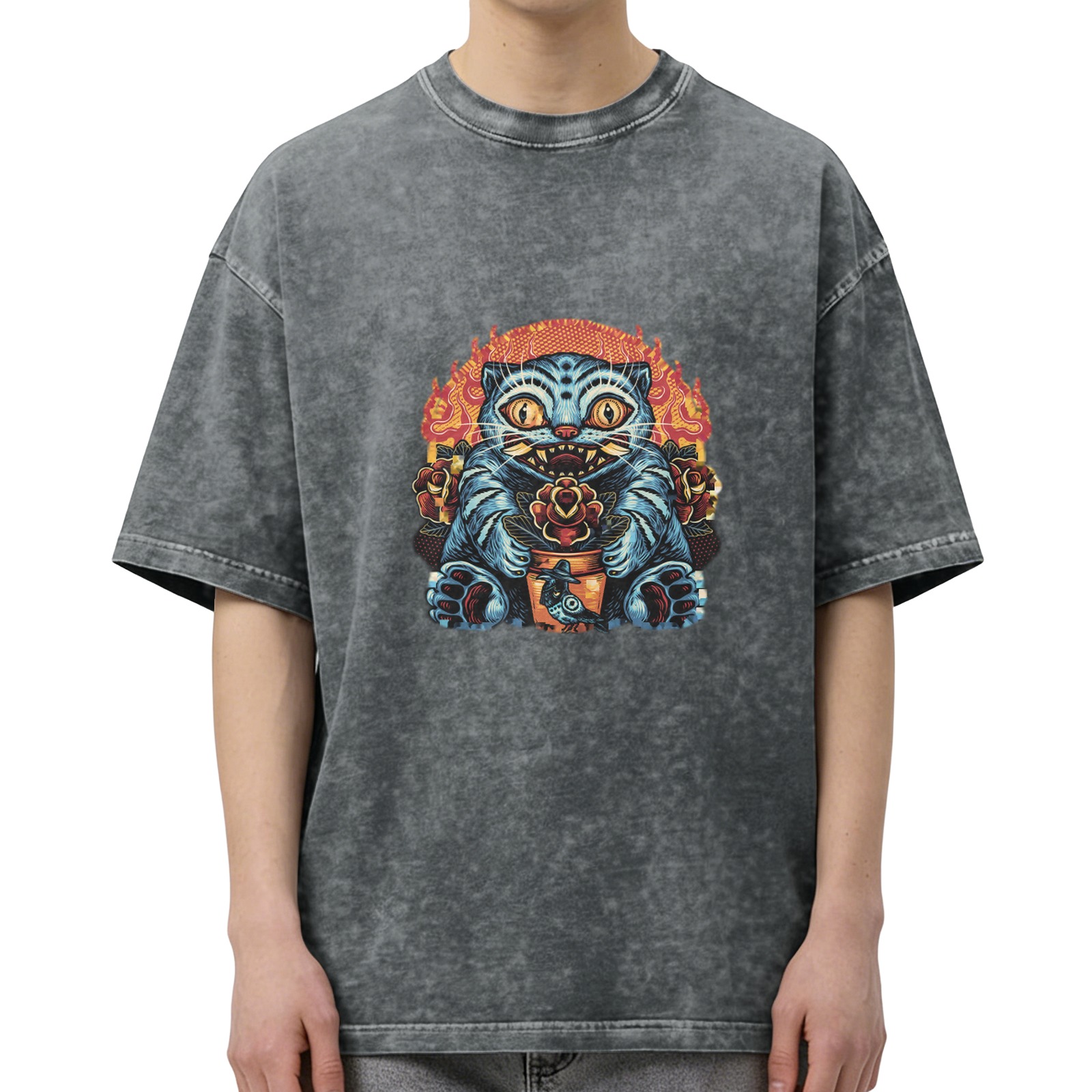Washed black graphic t-shirt with spooky blue cat and roses print