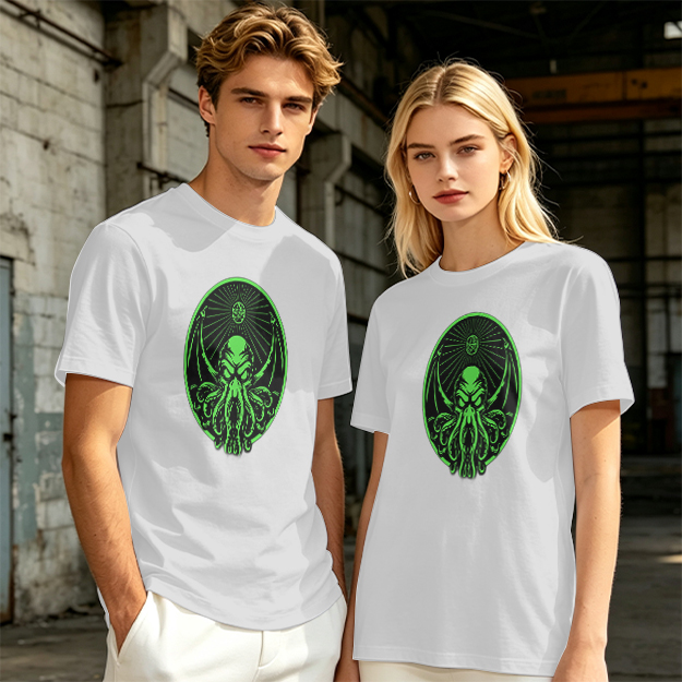 Olive Green T-Shirt With Glowing Green Cthulhu Graphic Print
