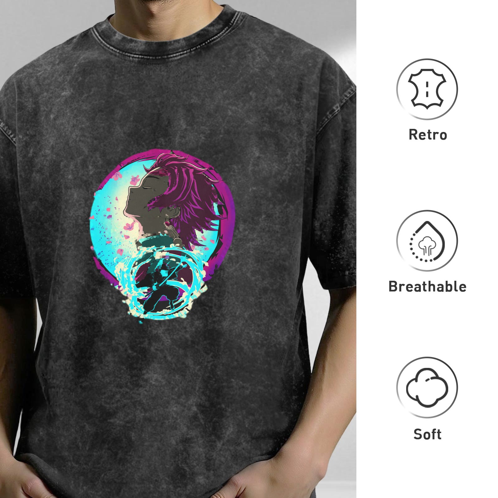 Oversized Washed Anime Demon Slayer Graphic T-Shirt