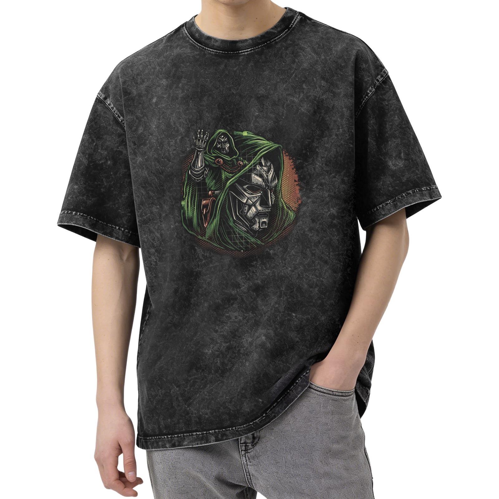 Oversized Acid Wash T-Shirt With Doom Villain Graphic
