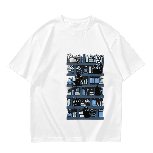 Olive Green T-Shirt With Black Cats On Bookshelves Graphic