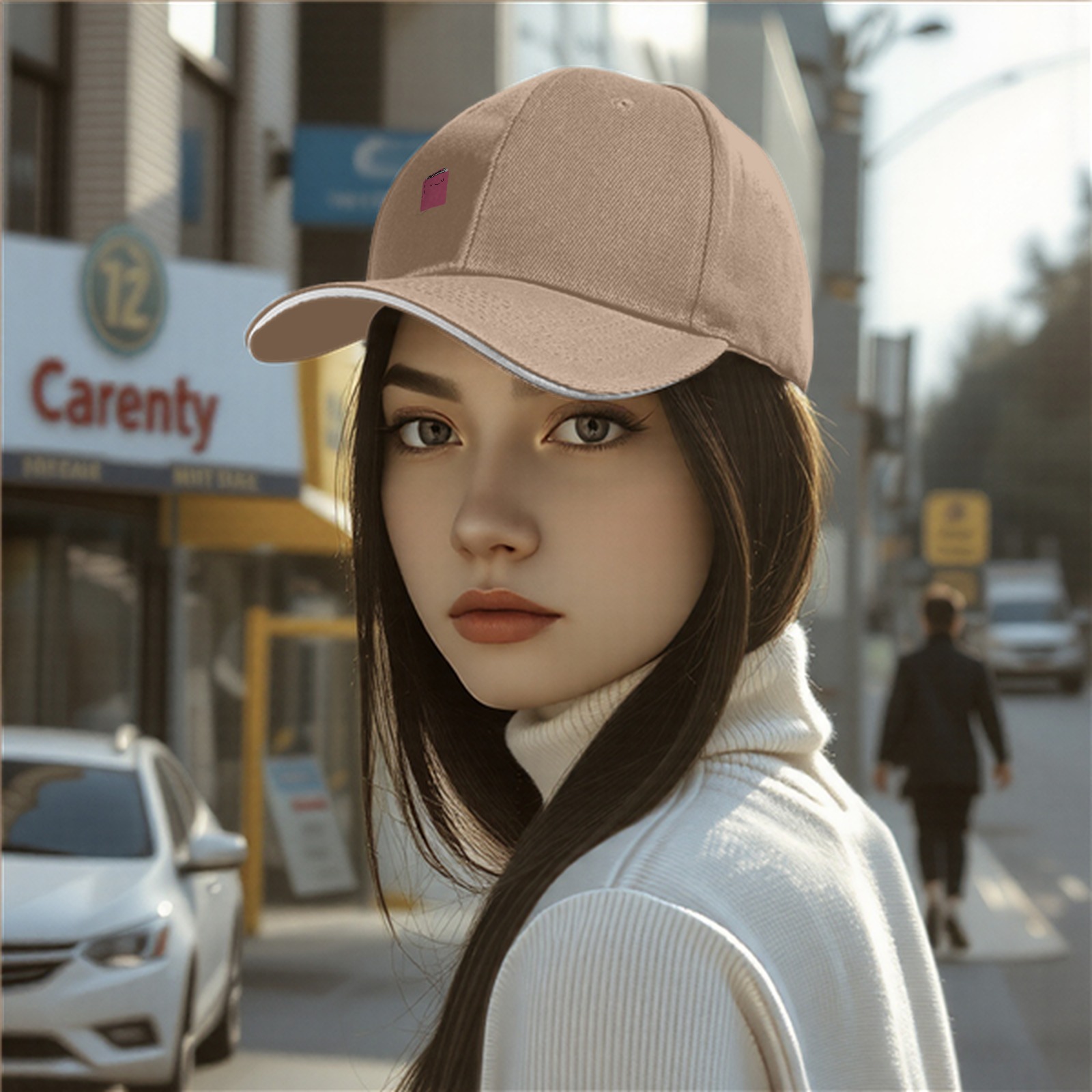 Black Baseball Cap With Small Pink Square Smiley Graphic