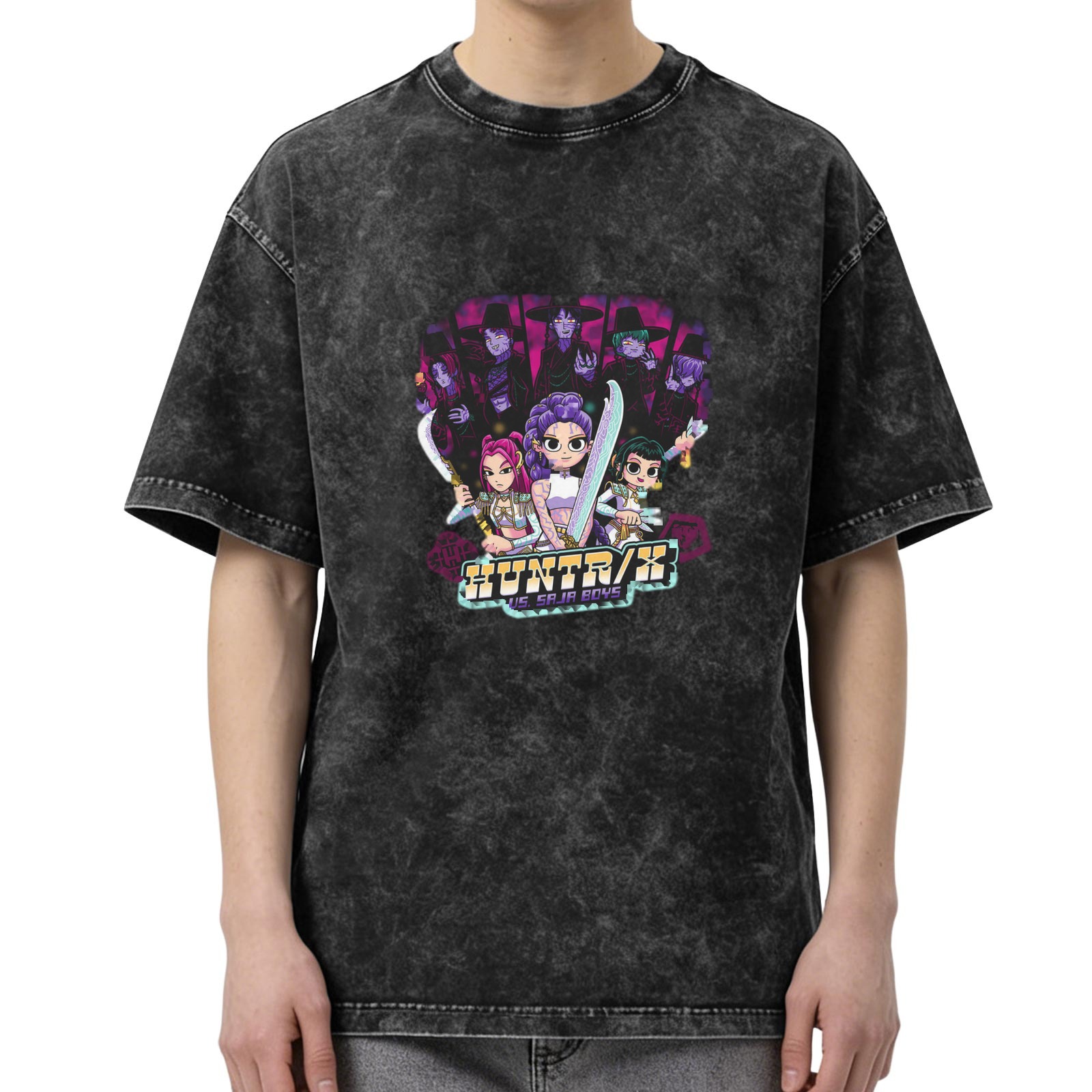 Distressed Black Cartoon Anime Print Short Sleeve T-Shirt