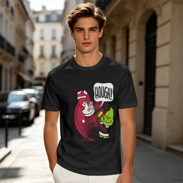 Olive Christmas T-Shirt With Grinch Lifting Santa Claus Print