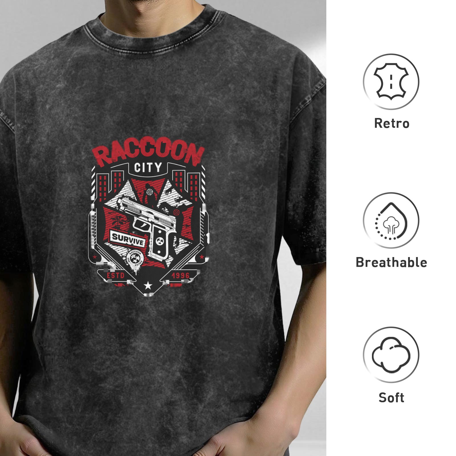 Raccoon City Survive Graphic Acid Wash Black T-Shirt