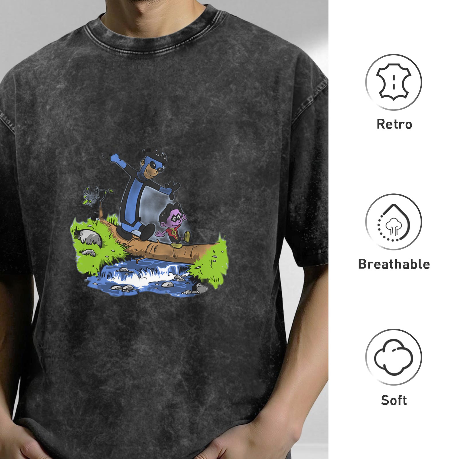 Oversized acid wash t-shirt with cartoon characters crossing a log over a stream