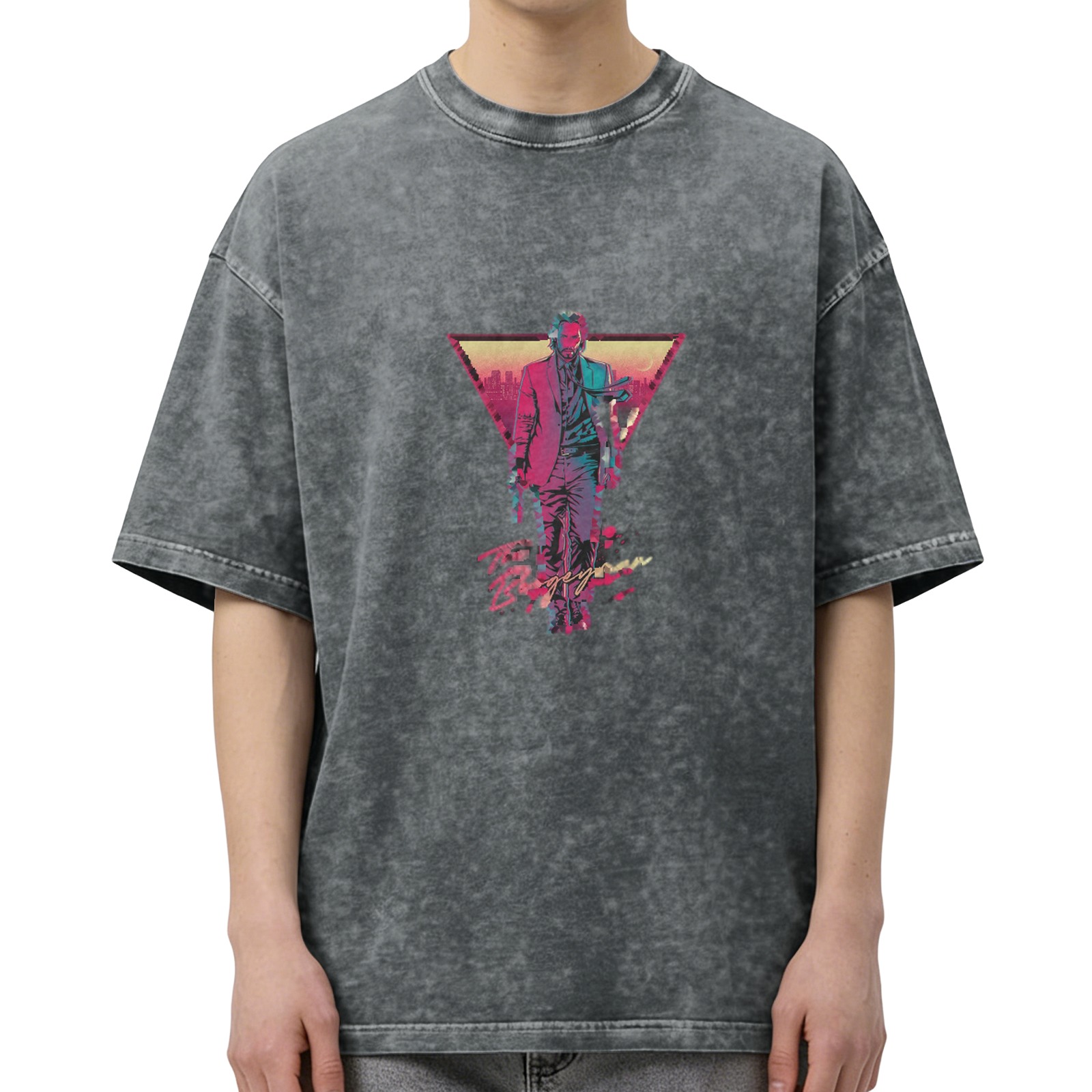Distressed washed black short-sleeved T-shirt Retro neon style John Wick graphic printed top