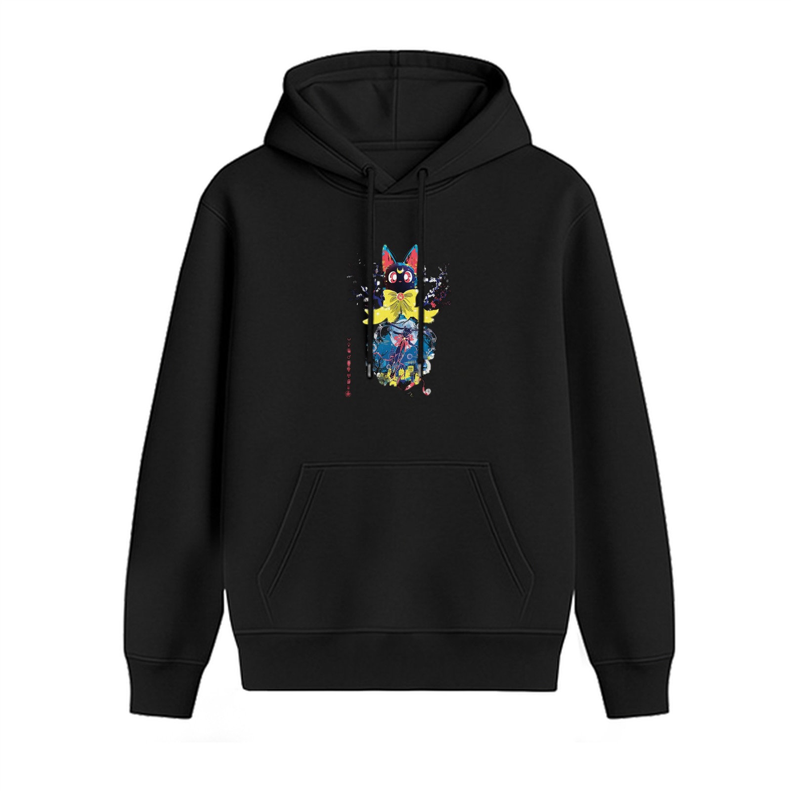 Black hoodie with anime black cat graphic print