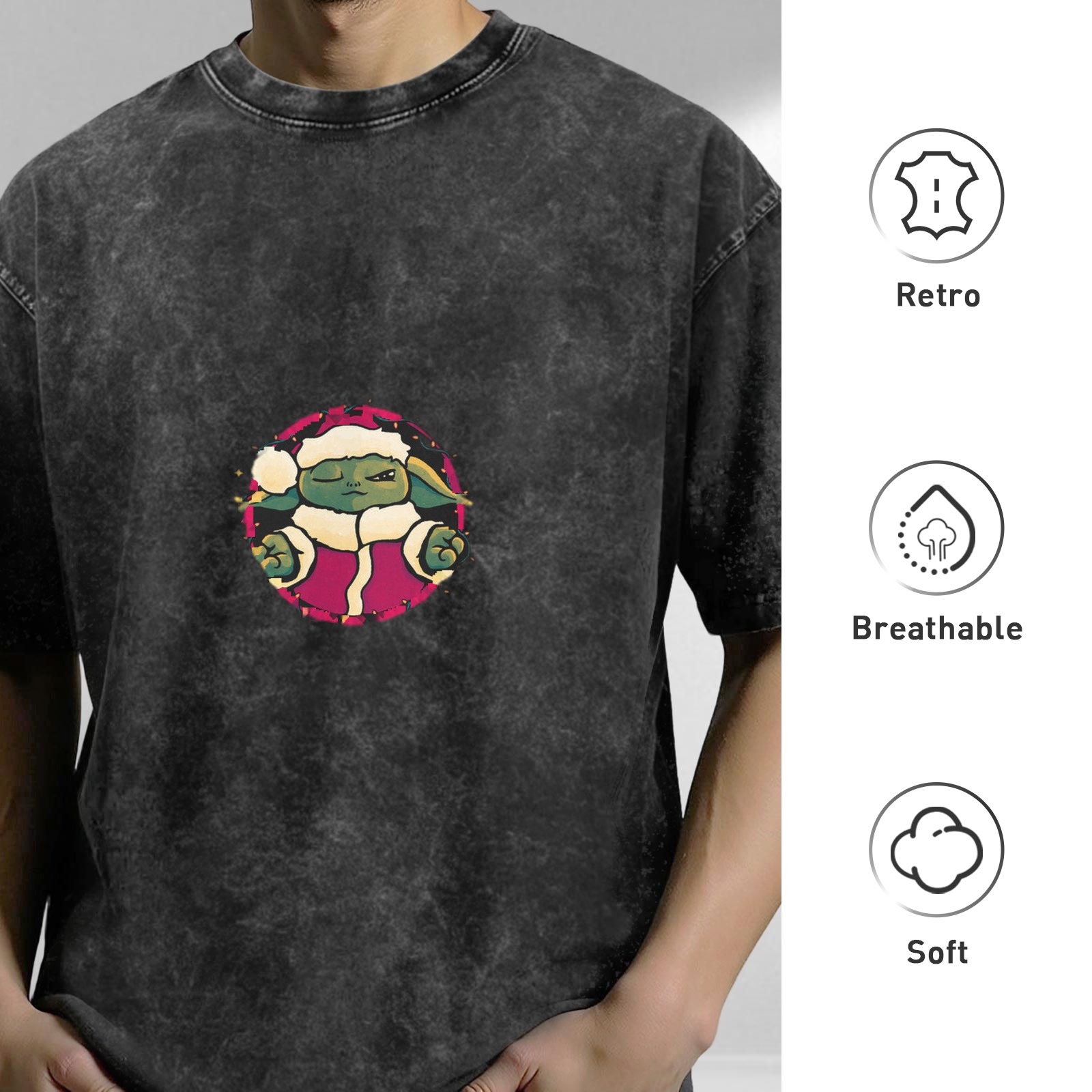 Distressed black loose short-sleeved T-shirt Christmas Baby Yoda print