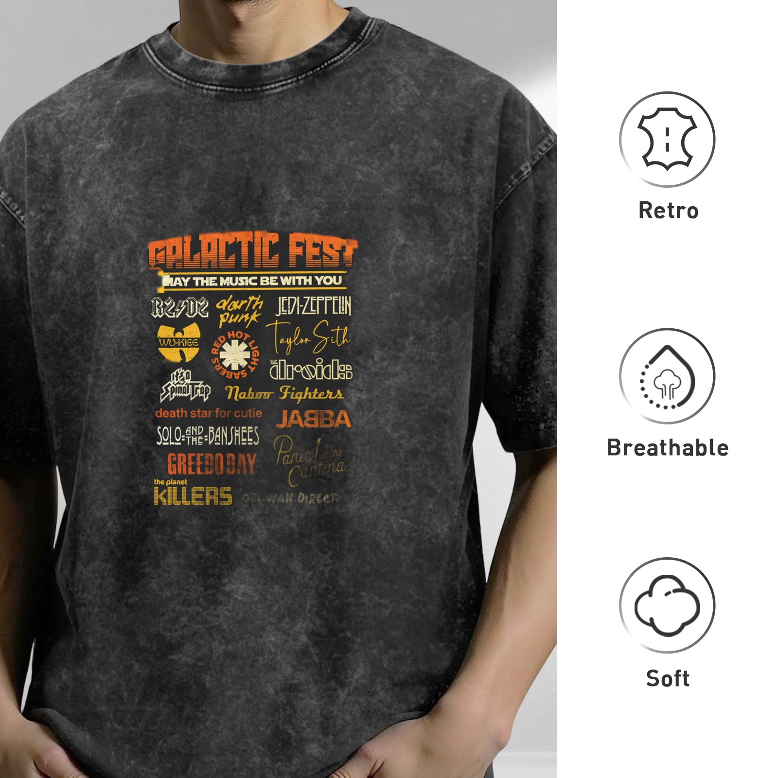 Galactic Fest Star Wars Parody Band Graphic Acid Wash Oversized T-Shirt