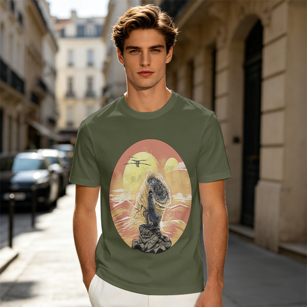 Olive Green T-Shirt with Desert Twin Suns Sci-Fi Art Print