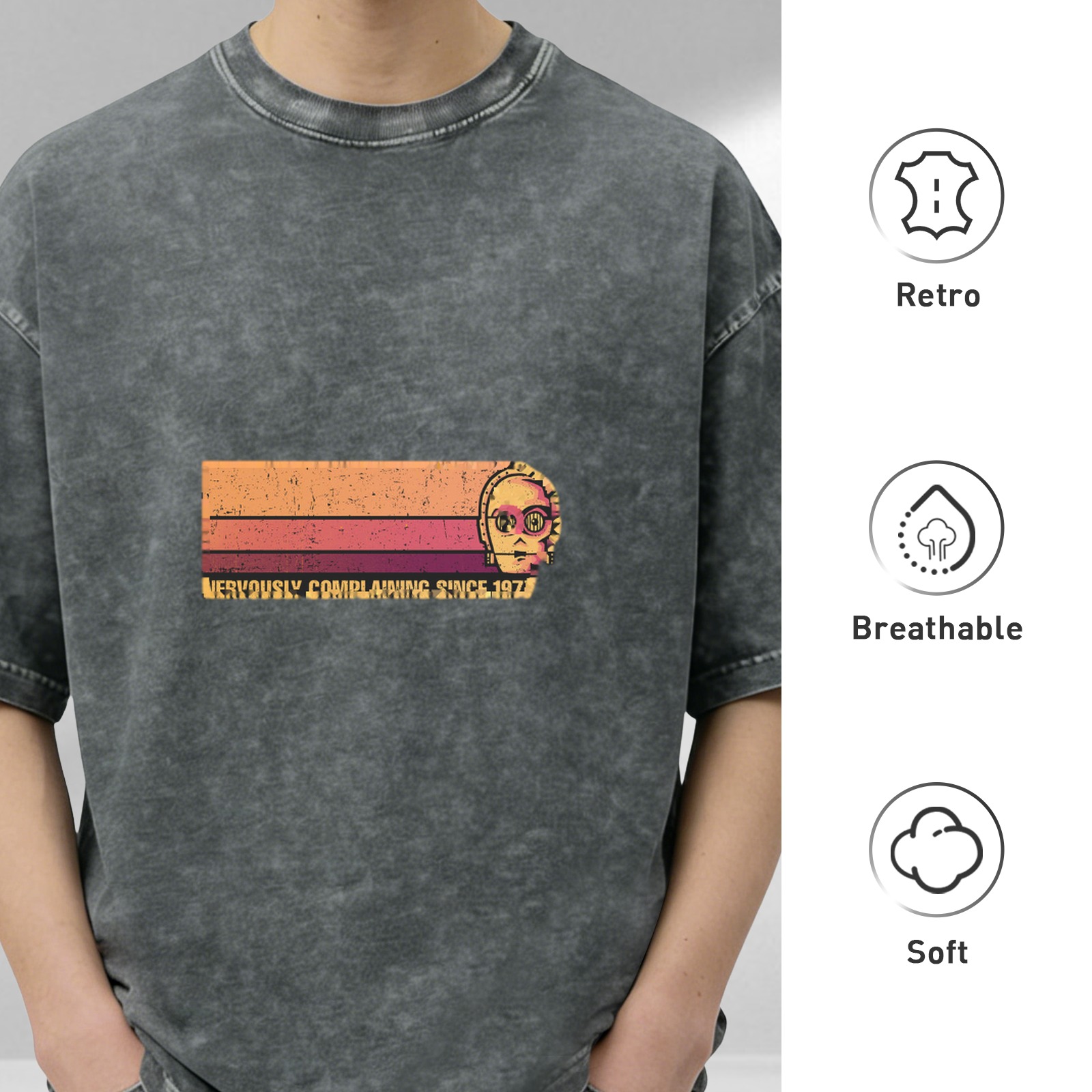 Washed Black Graphic T-Shirt with Nervously Complaining Since 1977 Print