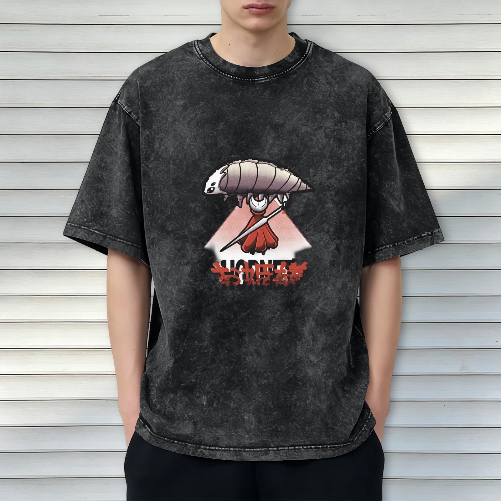 Washed Black T-Shirt With Fantasy Insect Warrior Graphic Print