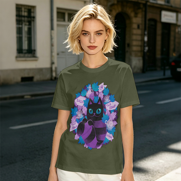 Olive T-Shirt With Whimsical Cheshire Cat Wonderland Art