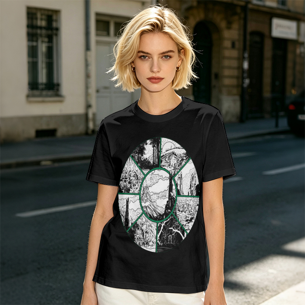 Olive Green T-Shirt With Circular Fantasy Landscape Art Print