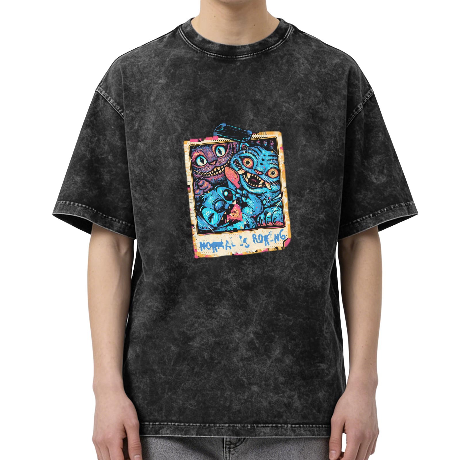 Distressed washed black cartoon print short-sleeved T-shirt Weird character pattern top