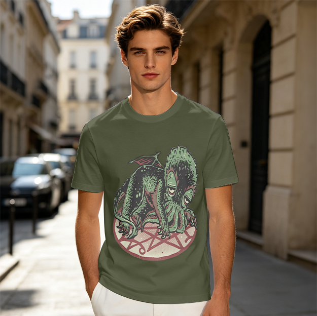 Olive T-Shirt with Cthulhu and Occult Pentagram Graphic