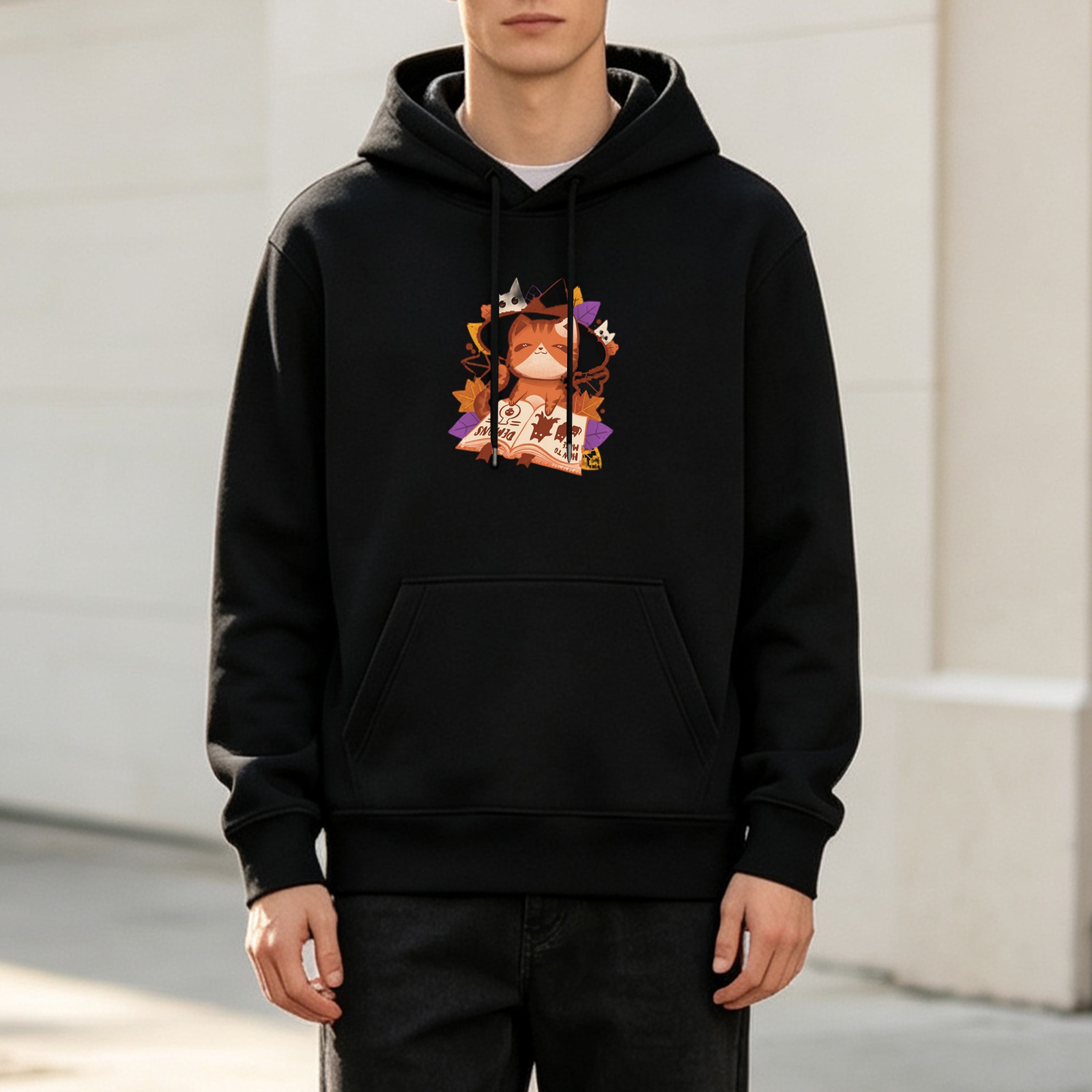 Black Hoodie With Cute Witch Cat Reading Book Graphic