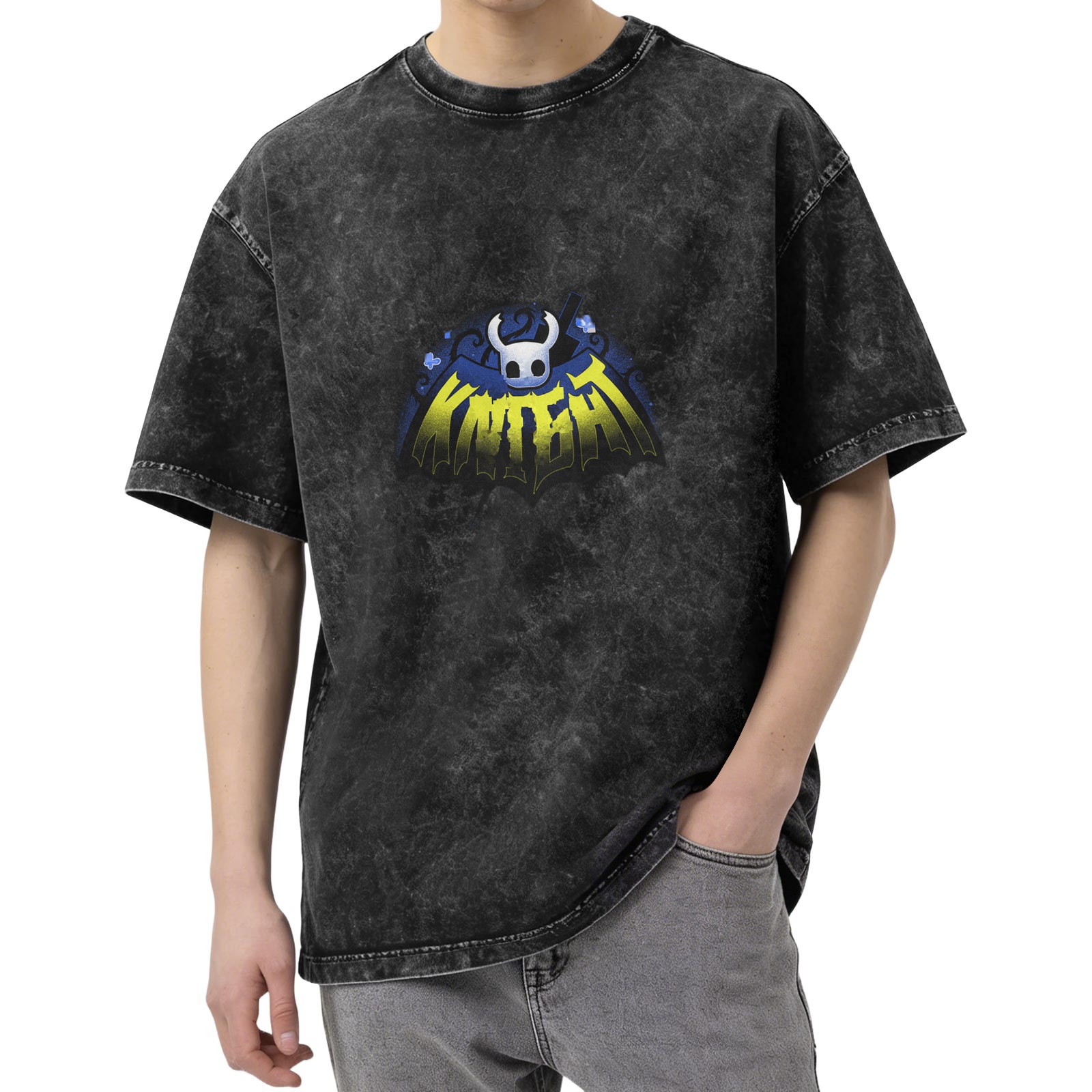 Oversized Dark Wash T-Shirt With Hollow Knight Graphic Print