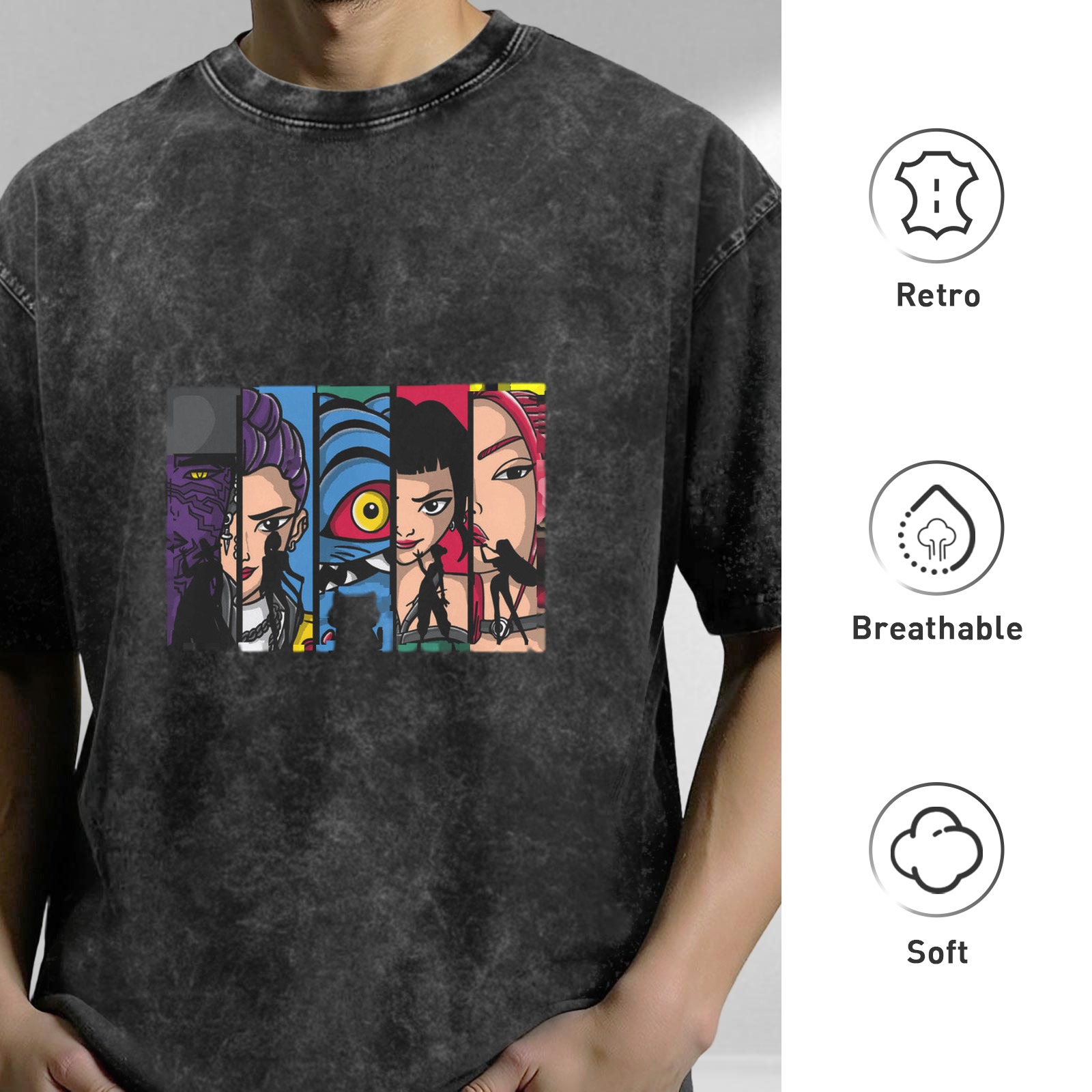 Oversized Acid Wash T-Shirt With Comic Style Character Art Print
