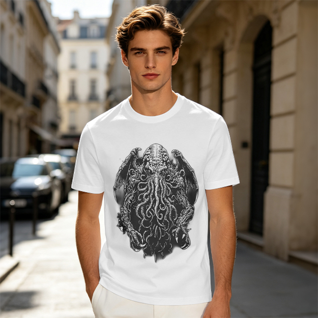 Olive Green T-Shirt with Cthulhu Monster Graphic Print