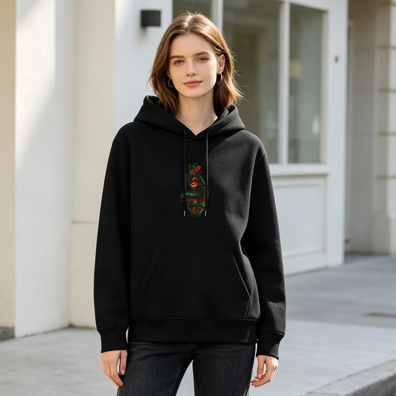 Black Hoodie With Vibrant Dragon Graphic Print