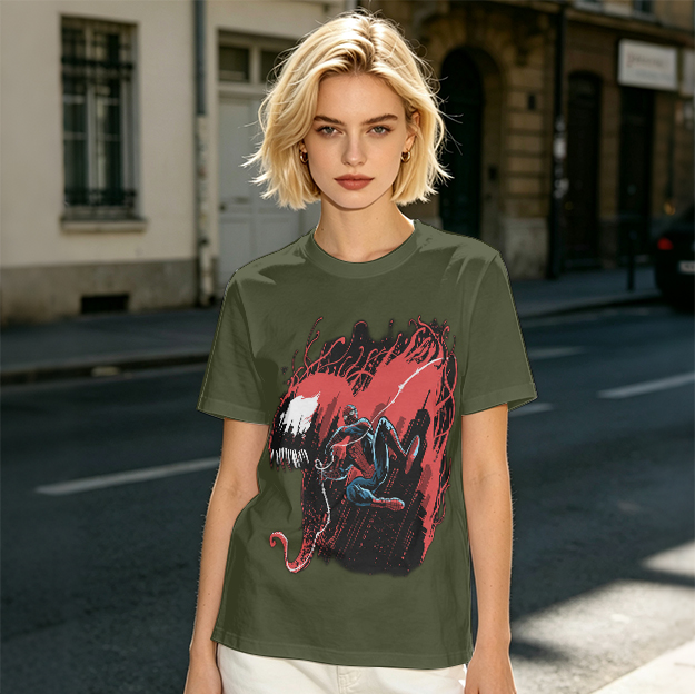 Olive T-shirt with Spider-Man and Symbiote Villain Graphic