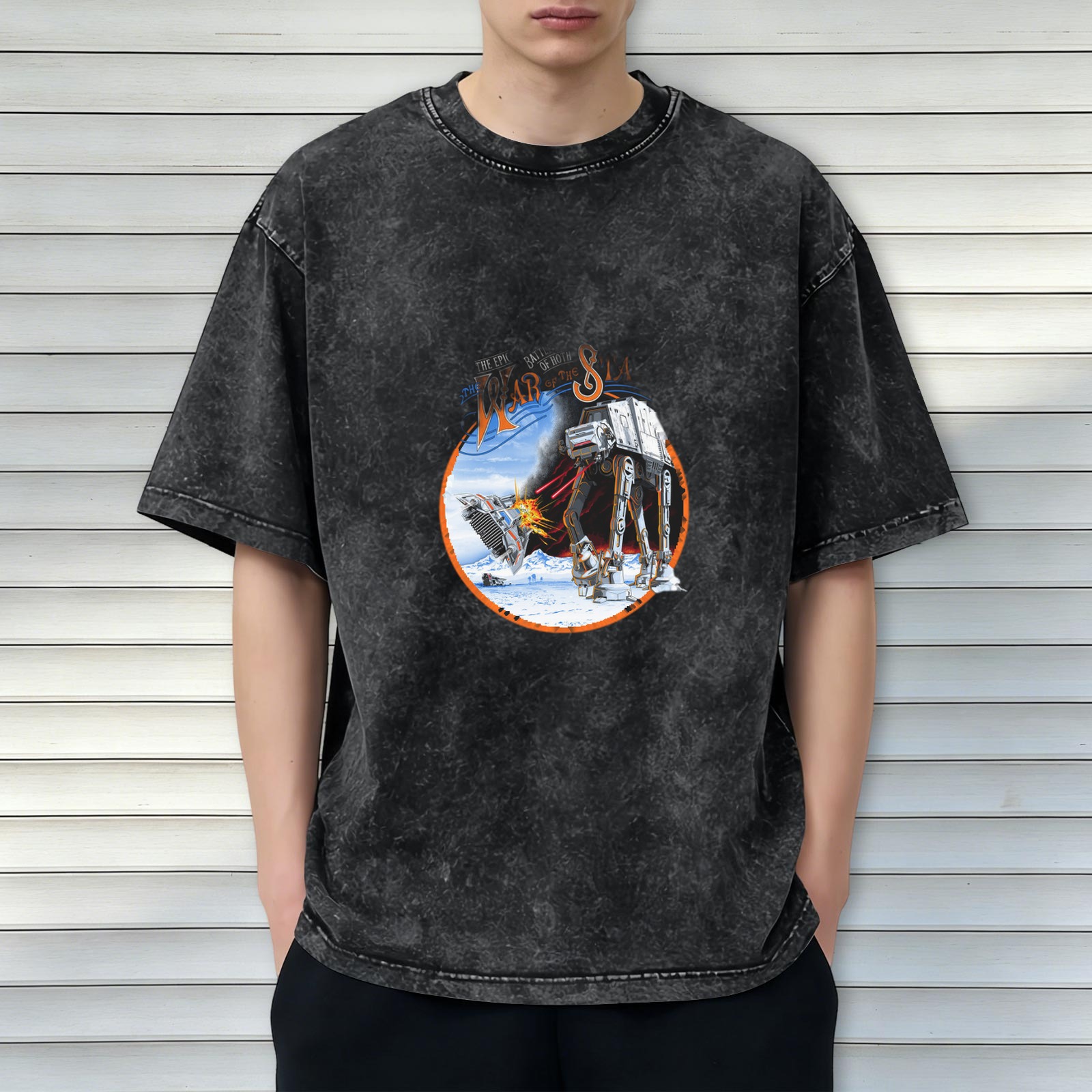 Star Wars Battle of Hoth AT-AT Snow Speeder Graphic Acid Wash Oversized T-Shirt