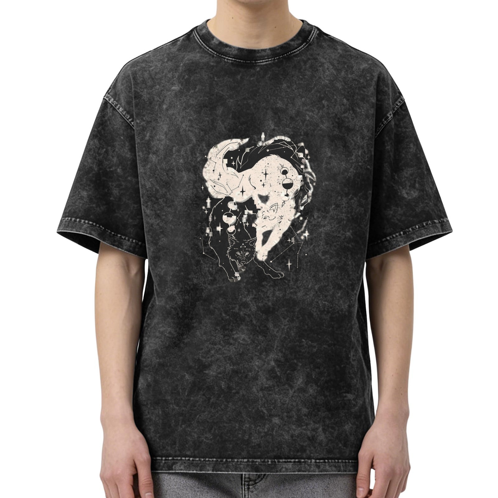 Distressed black loose short-sleeved T-shirt with starry sky nine-tailed fox pattern