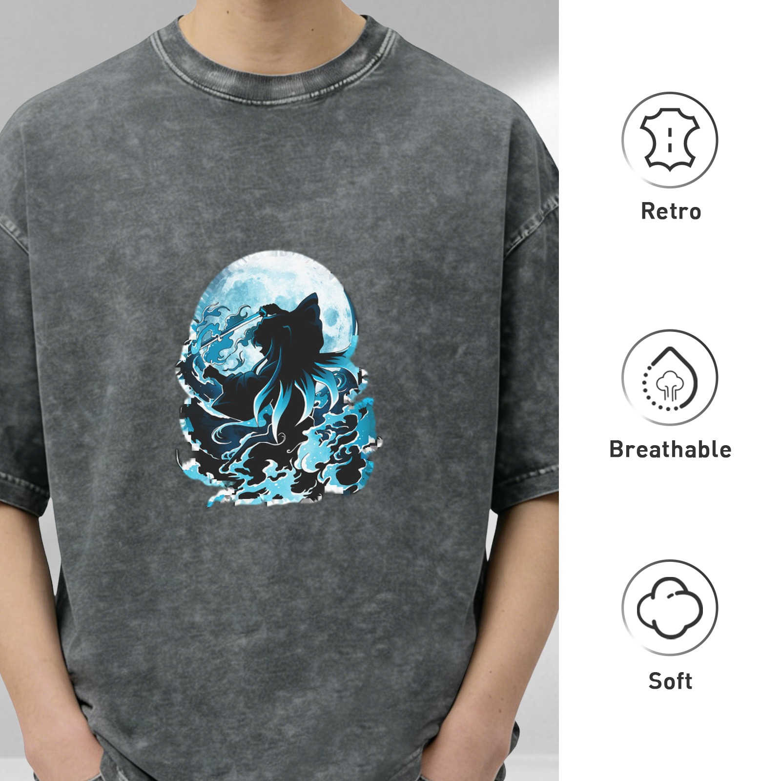 Oversized Acid Wash T-Shirt With Moon Wolf Silhouette Graphic