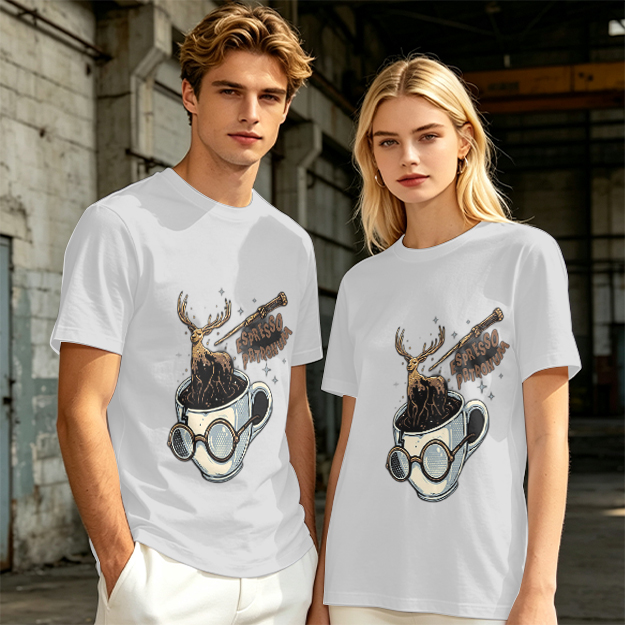 Olive T-Shirt with Espresso Patronum Deer Coffee Cup Art