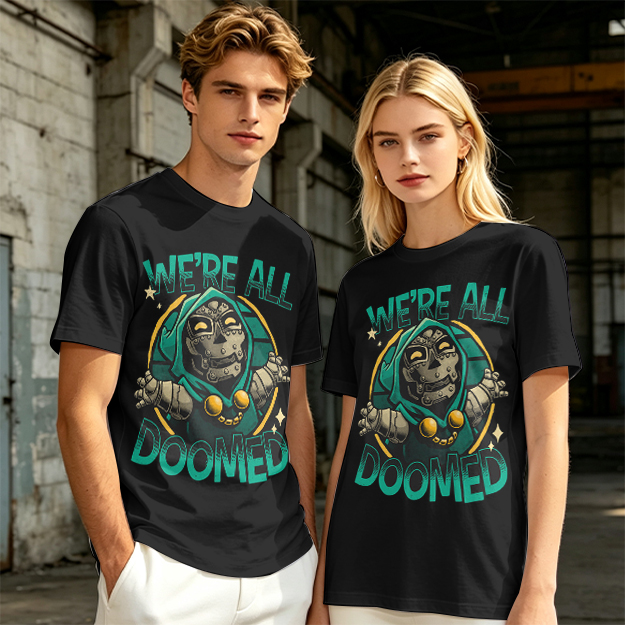 Olive T-Shirt Featuring 'We're All Doomed' Doom Character Art