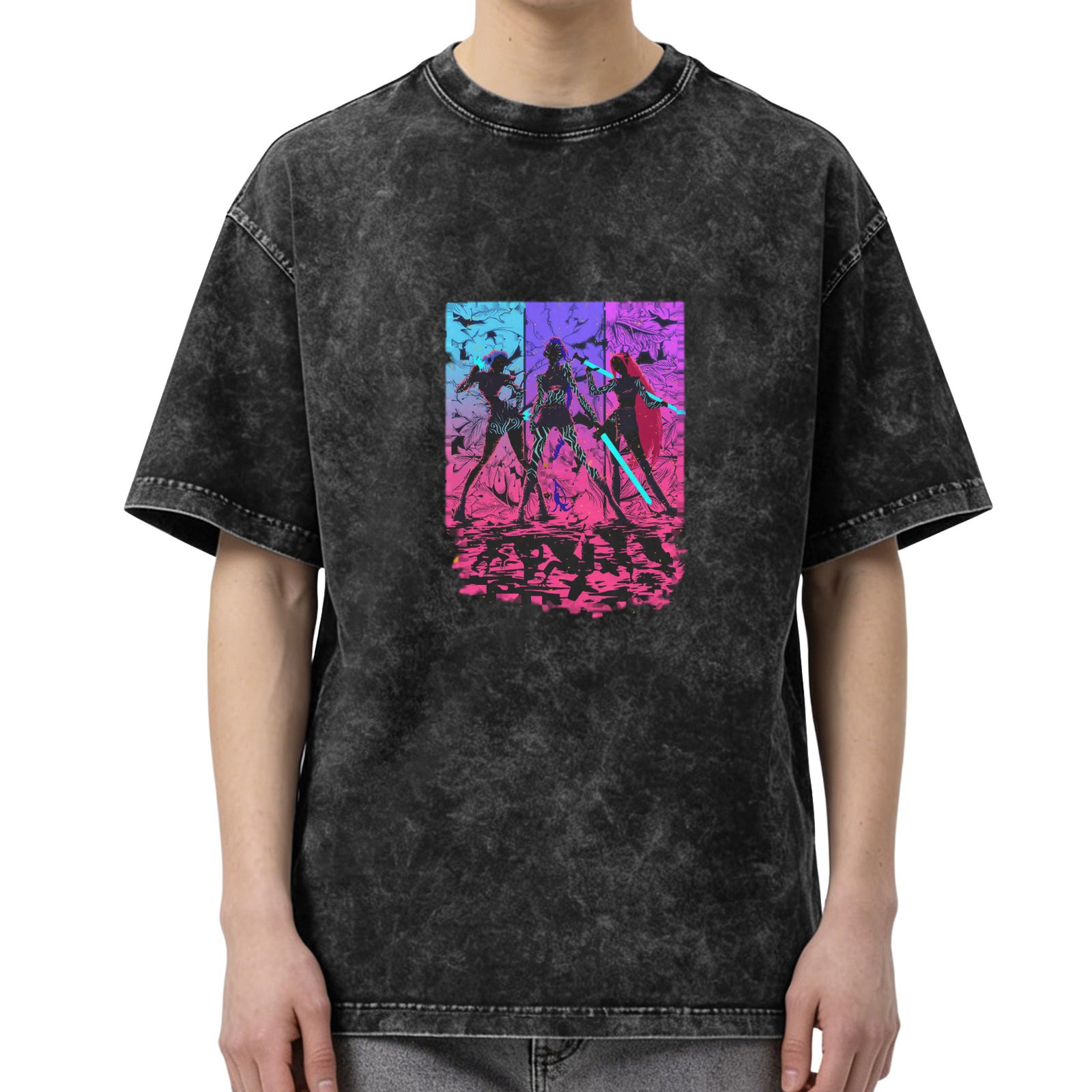 Distressed washed black cyber style anime character printed short-sleeved T-shirt