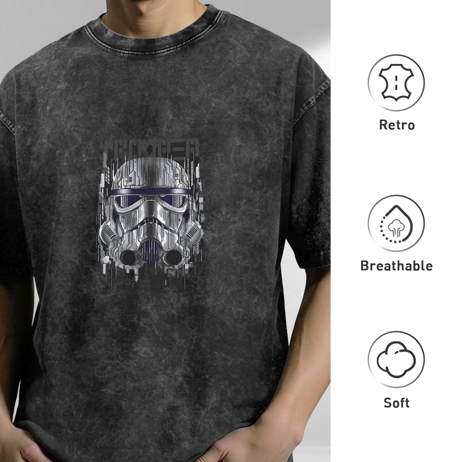 Washed Black Oversized T-Shirt with Cyber Stormtrooper Helmet Graphic