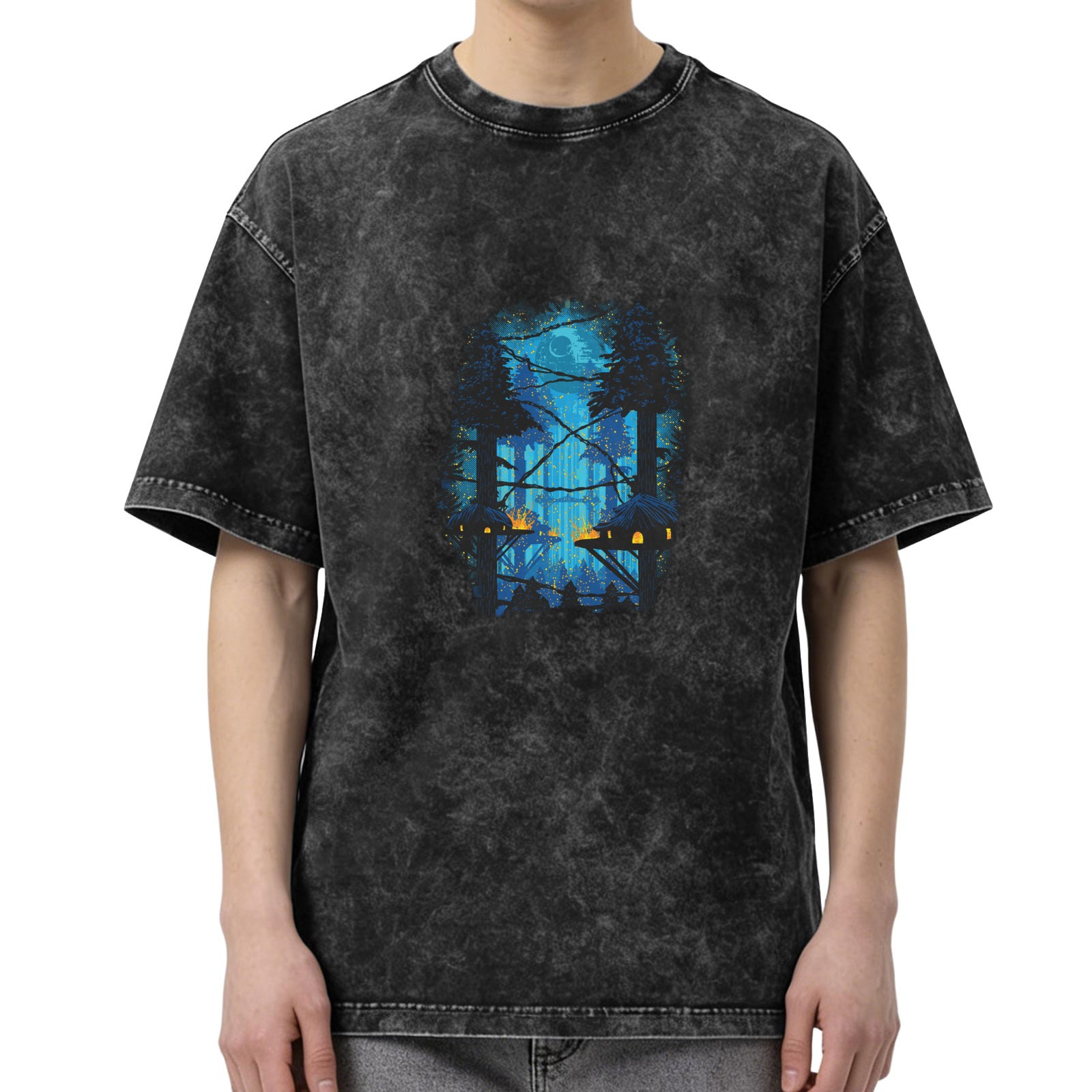 Oversized Acid Wash T-Shirt with Mystical Forest Treehouse Graphic