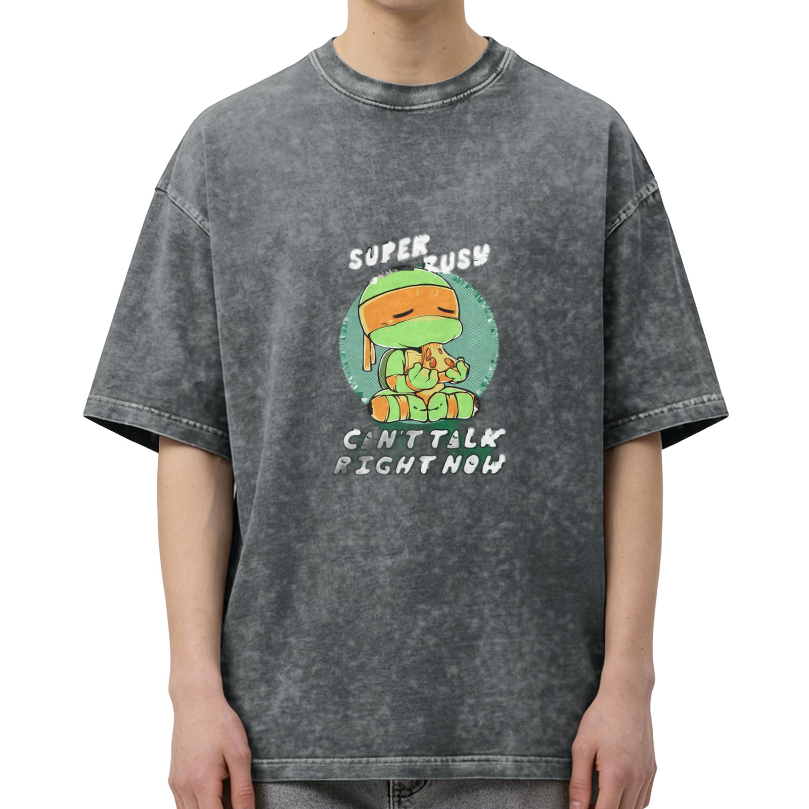 Distressed washed Teenage Mutant Ninja Turtles themed casual T-shirt Fun text printed loose short-sleeved top