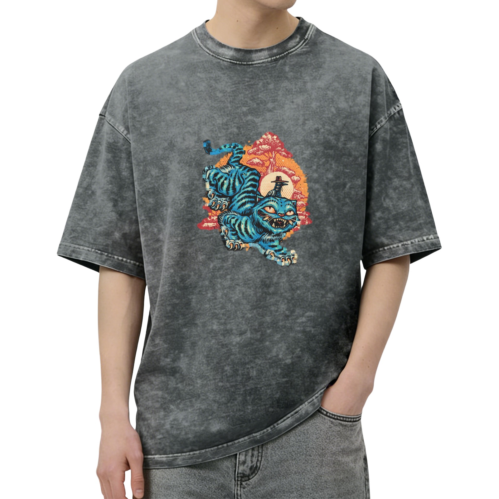 Washed Black T-Shirt With Blue Tiger Japanese Style Graphic
