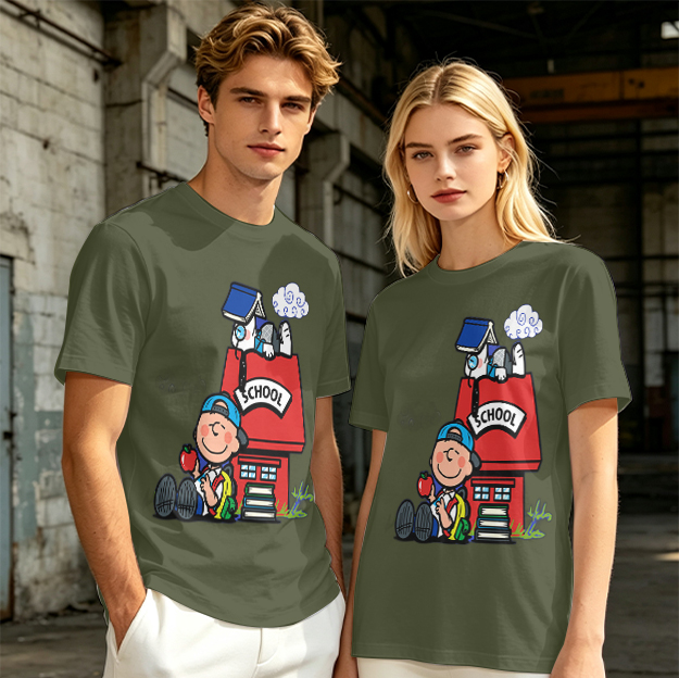Olive T-shirt with Charlie Brown and Snoopy School Print
