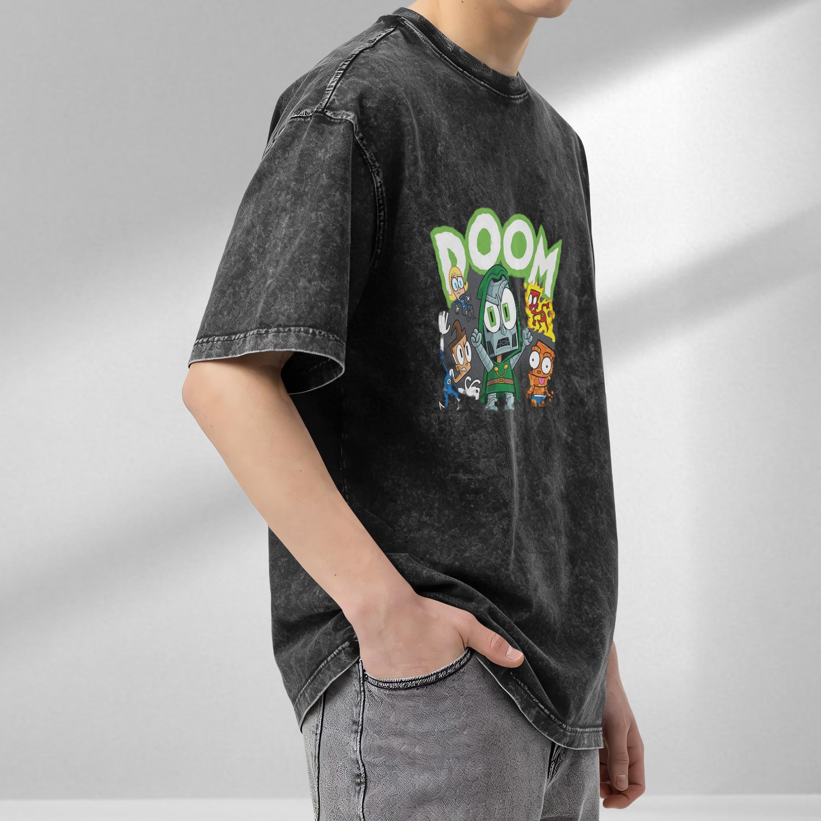 Washed Black T-Shirt With Chibi Doom And Fantastic Four Artwork