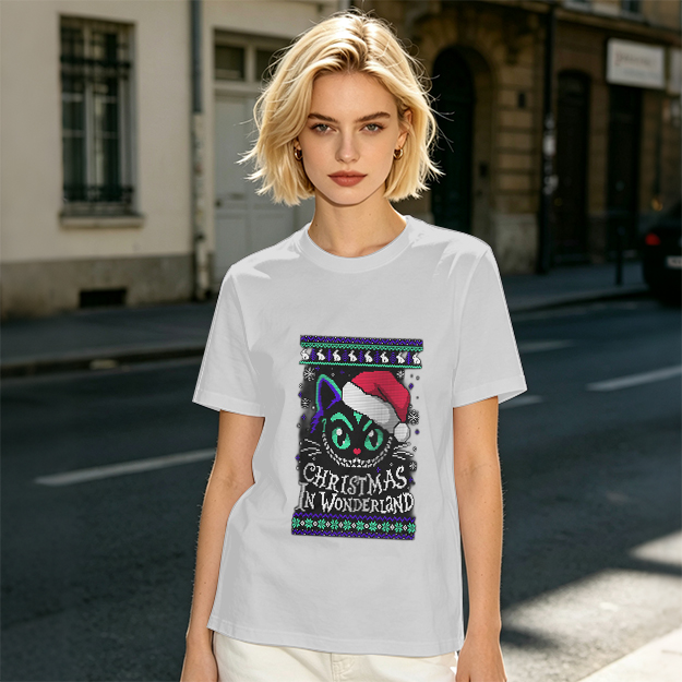 Christmas In Wonderland Cheshire Cat Santa Hat Graphic T-Shirt