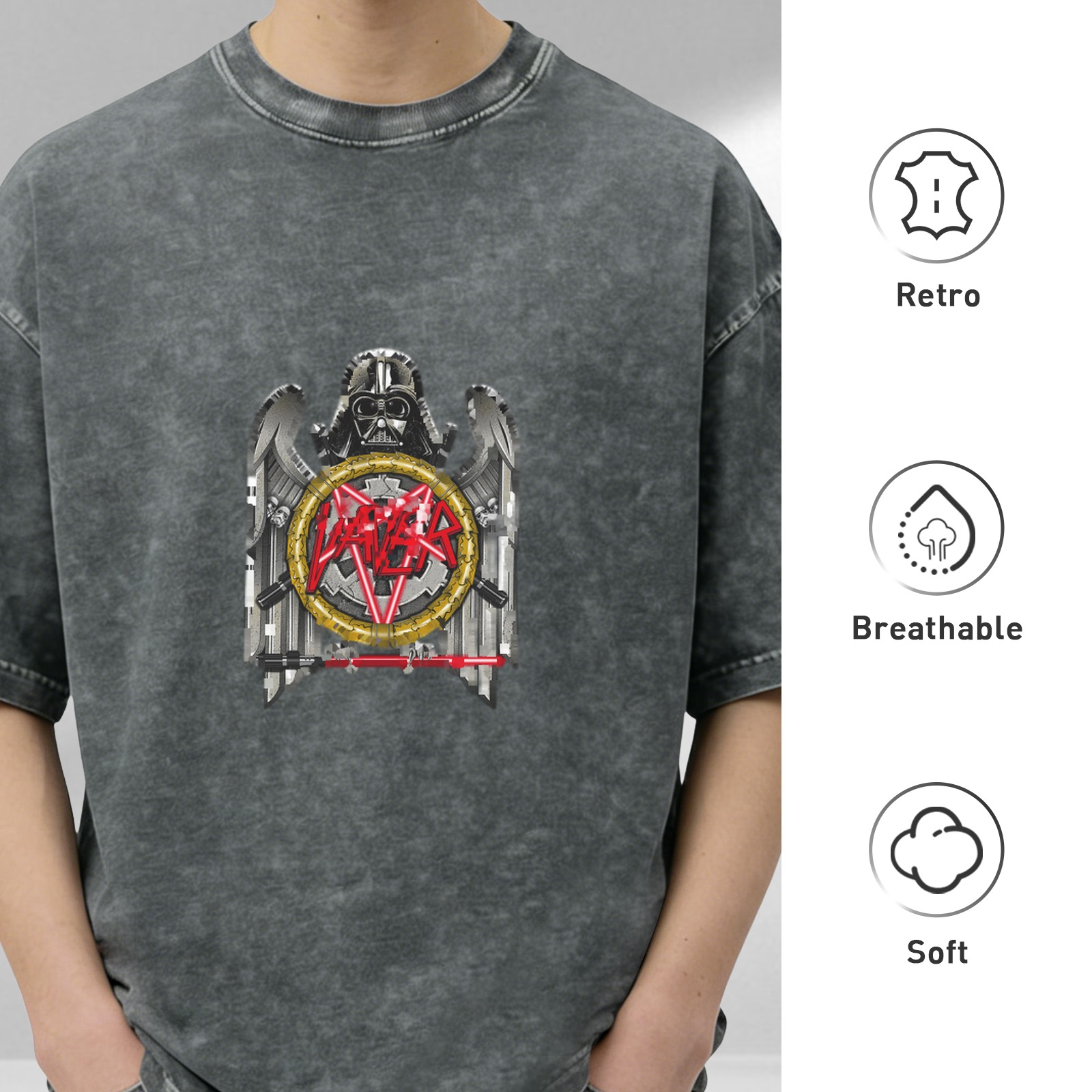 Washed black graphic t-shirt with Darth Vader and metal band style print